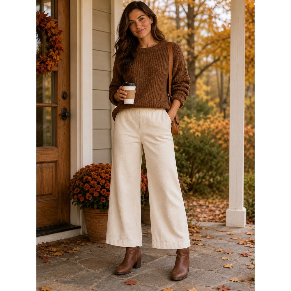 Ann Mashburn Wide Leg Crop Pants Womens 2 Cream Excellent Side Zip Denim